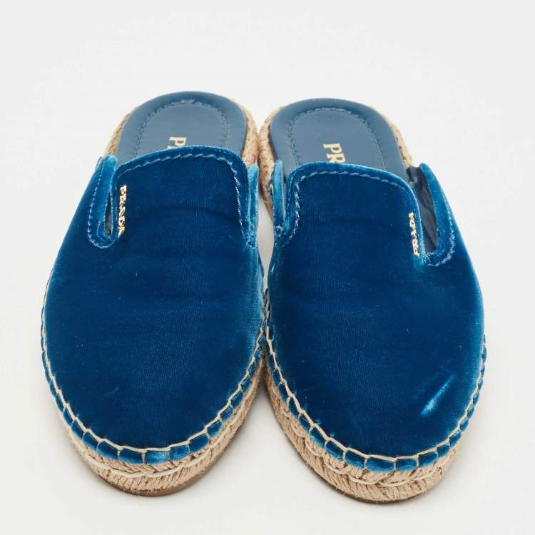 Pre Owned Prada Blue Velvet Espadrille Flat Mules Size 38.5