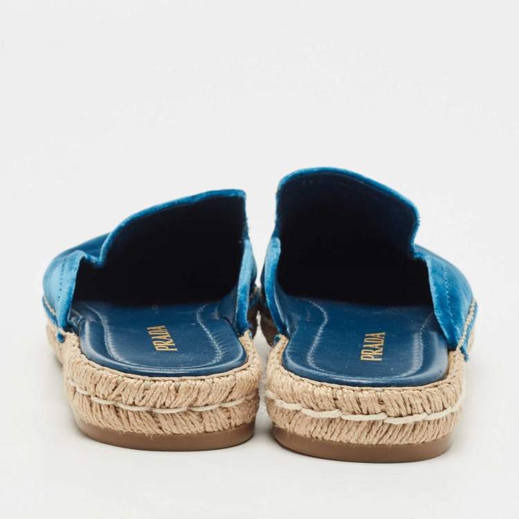 Pre Owned Prada Blue Velvet Espadrille Flat Mules Size 38.5