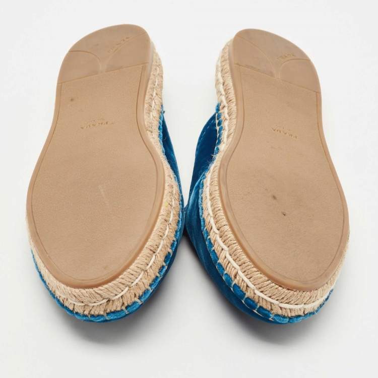 Pre Owned Prada Blue Velvet Espadrille Flat Mules Size 38.5