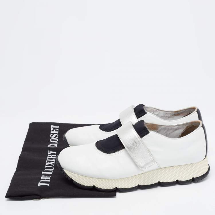 Pre Owned Prada White/Black Leather Low Top Sneakers Size 37.5 