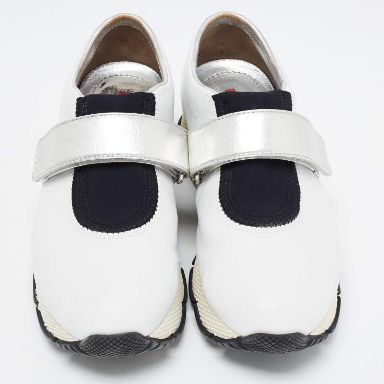 Pre Owned Prada White/Black Leather Low Top Sneakers Size 37.5 