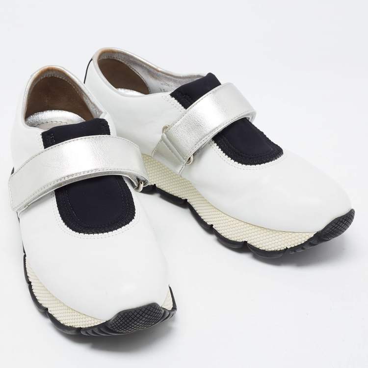 Pre Owned Prada White/Black Leather Low Top Sneakers Size 37.5 