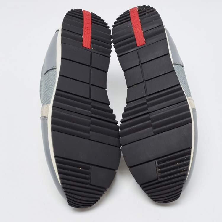 Pre Owned Prada Grey Mesh and Leather Low Top Sneakers Size 37.5