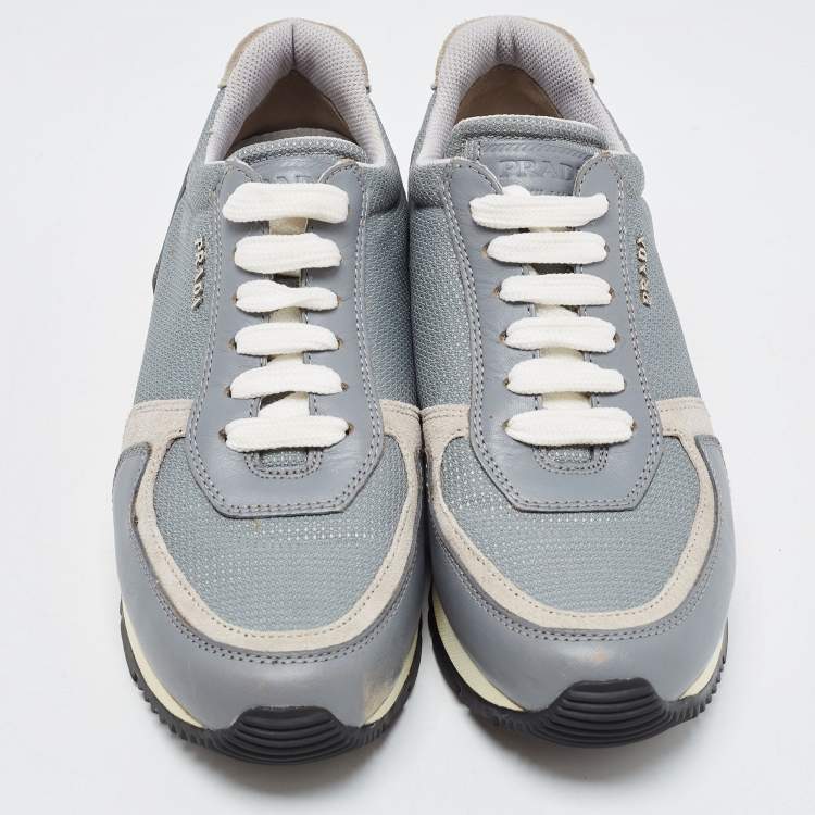 Pre Owned Prada Grey Mesh and Leather Low Top Sneakers Size 37.5