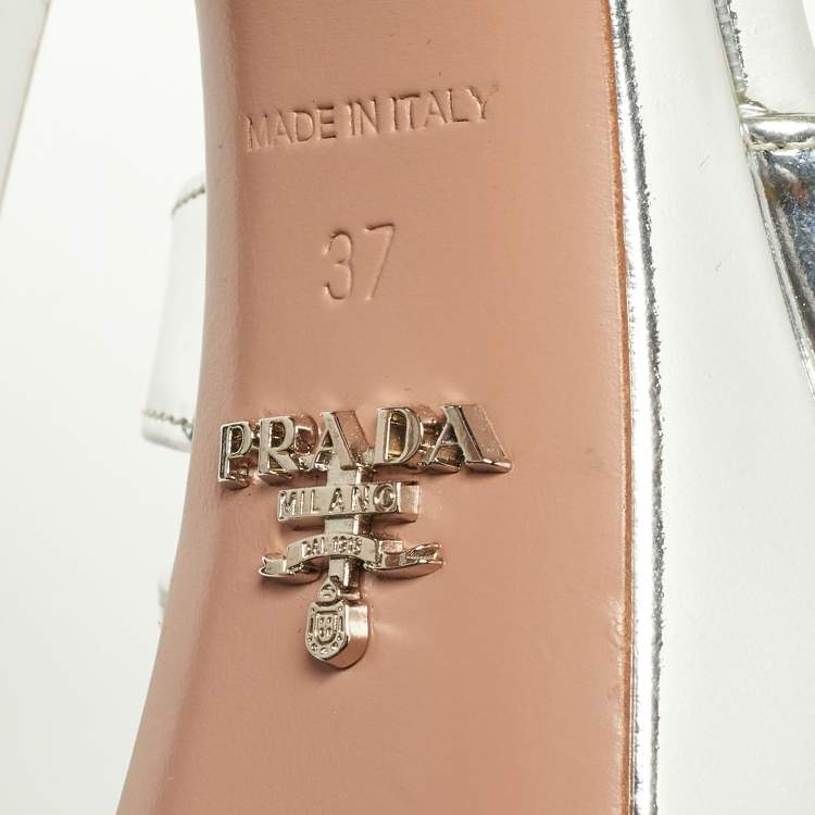 مملوكة مسبقًا Prada Metallic Silver Leather Platform Ankle Strap Sandals Size 37