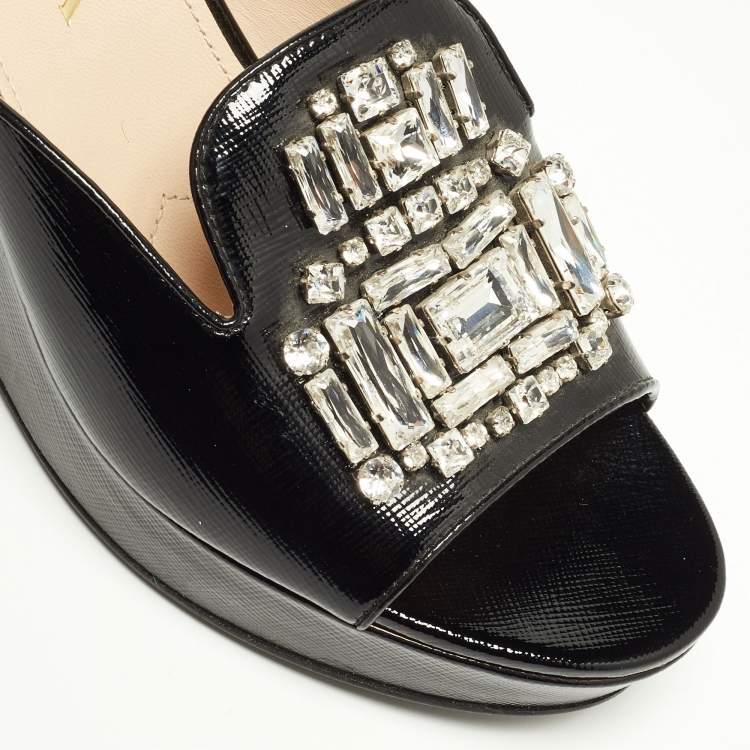 Pre Owned Prada Black Saffiano Patent Leather Crystal Embellished Platform Wedge Sandals Size 37