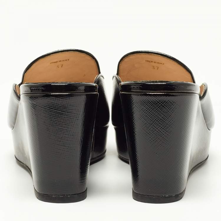 Pre Owned Prada Black Saffiano Patent Leather Crystal Embellished Platform Wedge Sandals Size 37