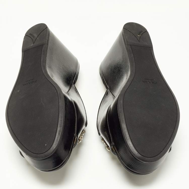 Pre Owned Prada Black Saffiano Patent Leather Crystal Embellished Platform Wedge Sandals Size 37