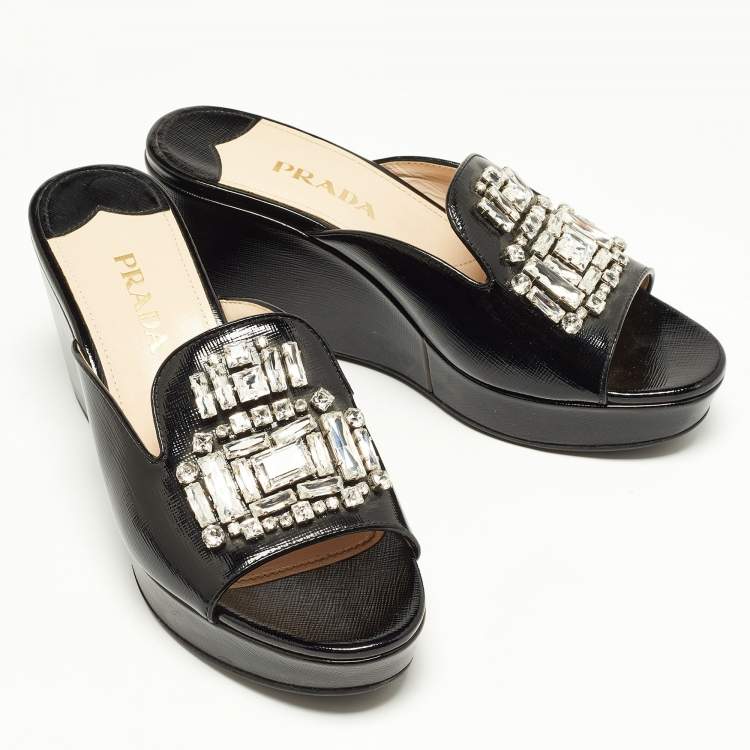 Pre Owned Prada Black Saffiano Patent Leather Crystal Embellished Platform Wedge Sandals Size 37
