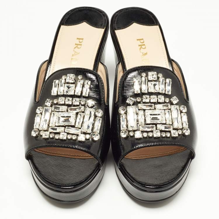 Pre Owned Prada Black Saffiano Patent Leather Crystal Embellished Platform Wedge Sandals Size 37