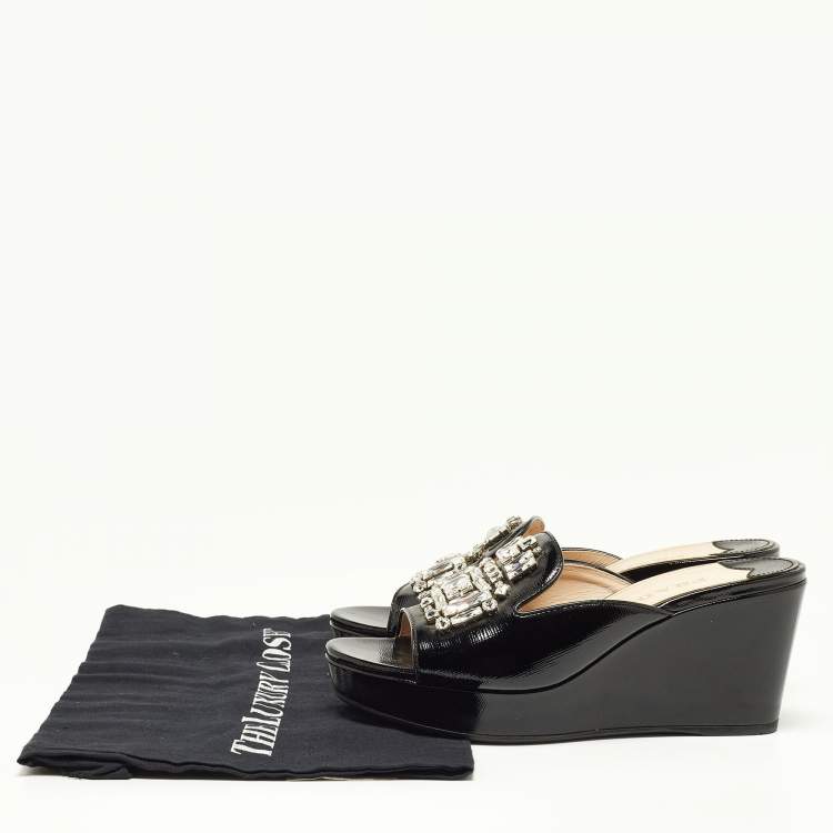 Pre Owned Prada Black Saffiano Patent Leather Crystal Embellished Platform Wedge Sandals Size 37
