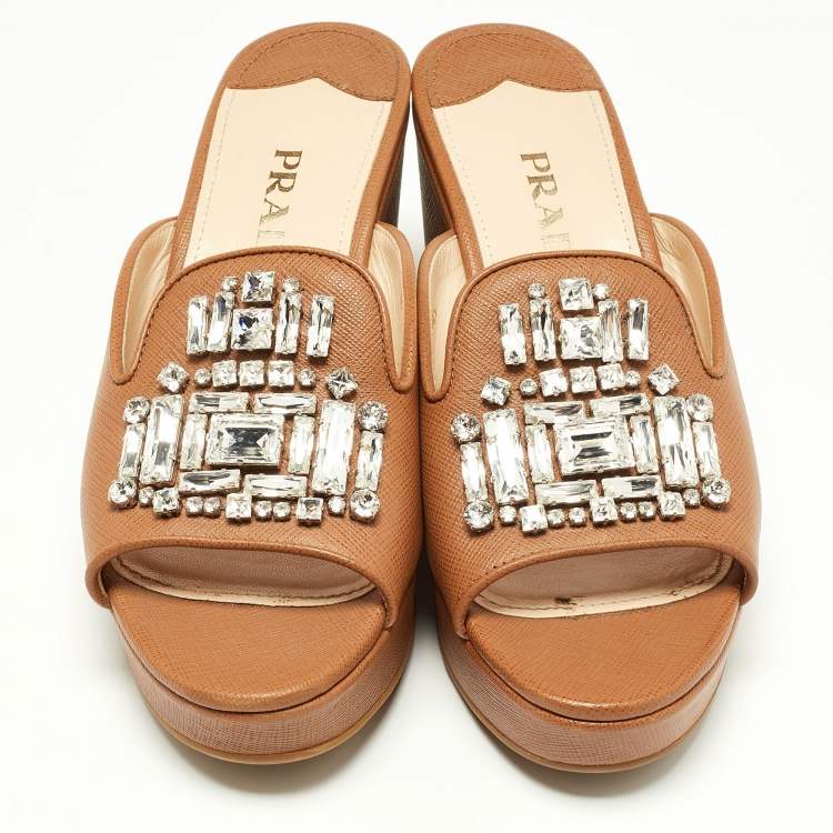 Pre Owned Prada Tan Saffiano Leather Crystal Embellished Platform Wedge Sandals Size 37