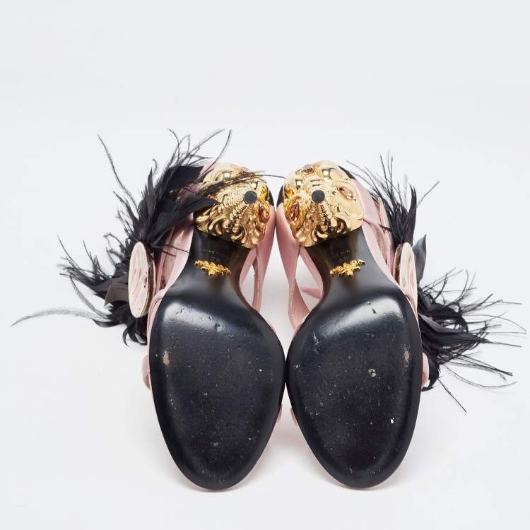 Pre Owned Prada Pink Satin and Feather Embellished Ankle Strap Sandals Size 38