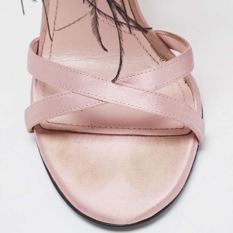 Pre Owned Prada Pink Satin and Feather Embellished Ankle Strap Sandals Size 38