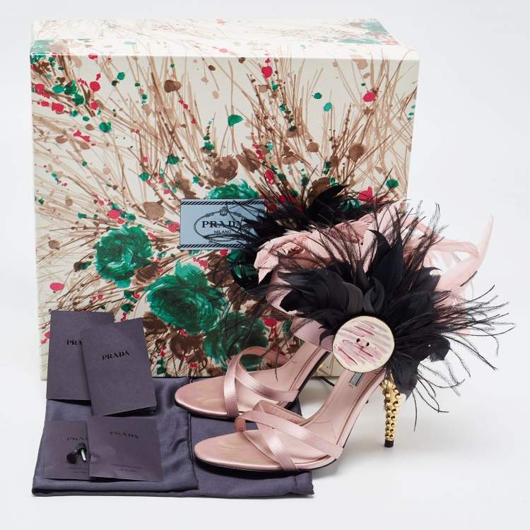 Pre Owned Prada Pink Satin and Feather Embellished Ankle Strap Sandals Size 38