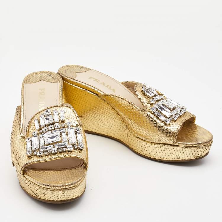 Pre Owned Prada Gold Embossed Snakeskin Crystal Embellished Wedge Sandals Size 37.5