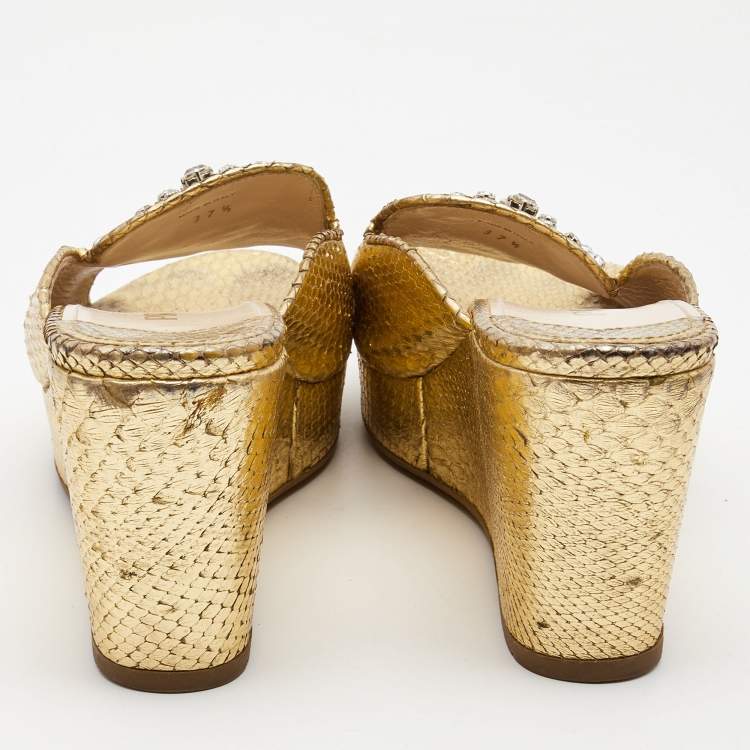 Pre Owned Prada Gold Embossed Snakeskin Crystal Embellished Wedge Sandals Size 37.5