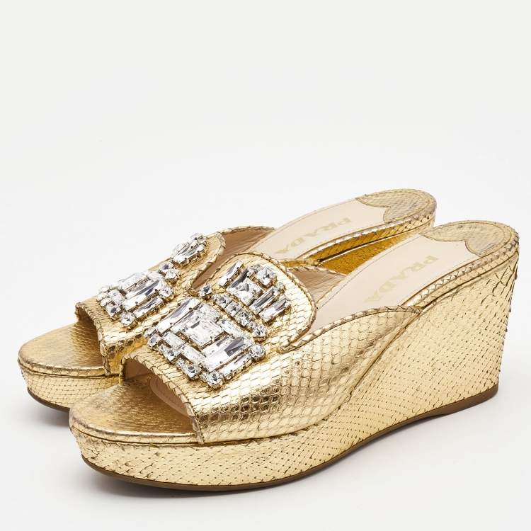 Pre Owned Prada Gold Embossed Snakeskin Crystal Embellished Wedge Sandals Size 37.5