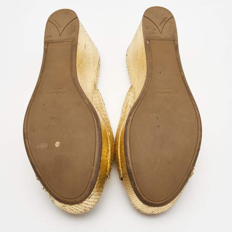 Pre Owned Prada Gold Embossed Snakeskin Crystal Embellished Wedge Sandals Size 37.5