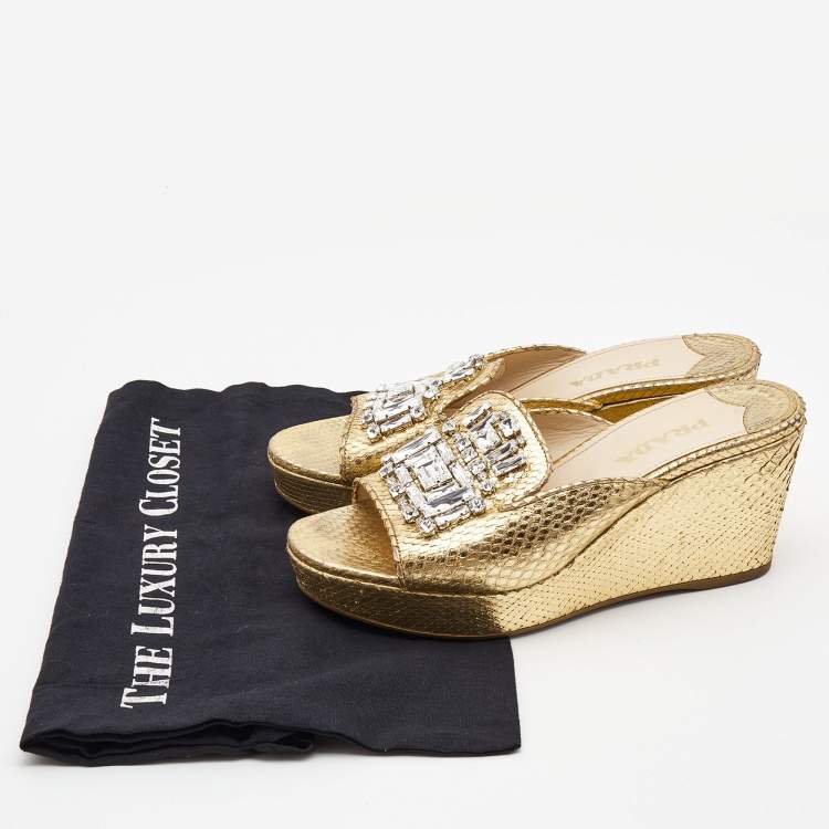 Pre Owned Prada Gold Embossed Snakeskin Crystal Embellished Wedge Sandals Size 37.5