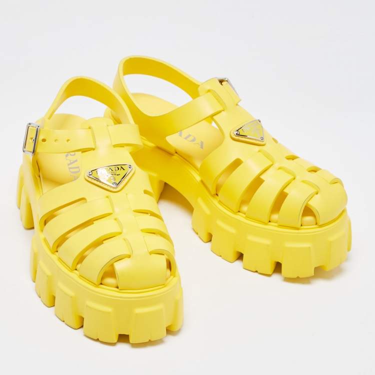 Pre Owned Prada Yellow Rubber Monolith Sandals Size 38