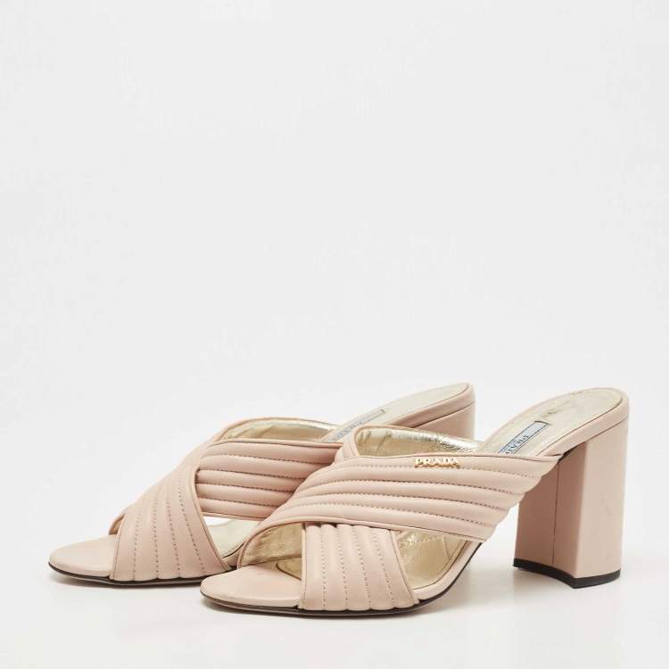 Pre Owned Prada Beige Leather Crisscross Slide Sandals Size 38