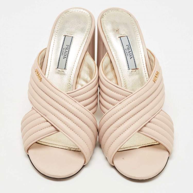Pre Owned Prada Beige Leather Crisscross Slide Sandals Size 38