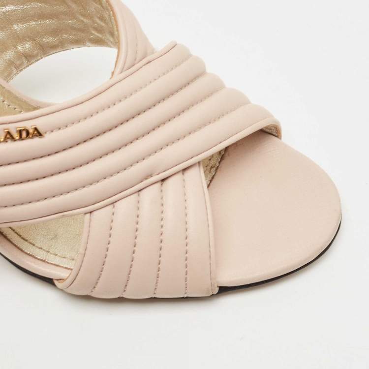 Pre Owned Prada Beige Leather Crisscross Slide Sandals Size 38