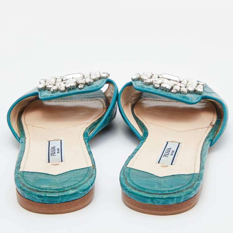 Pre Owned Prada Teal Crocodile Crystal Embellished Flat Slides Size 37 