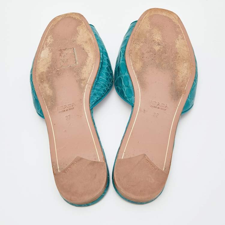 Pre Owned Prada Teal Crocodile Crystal Embellished Flat Slides Size 37 