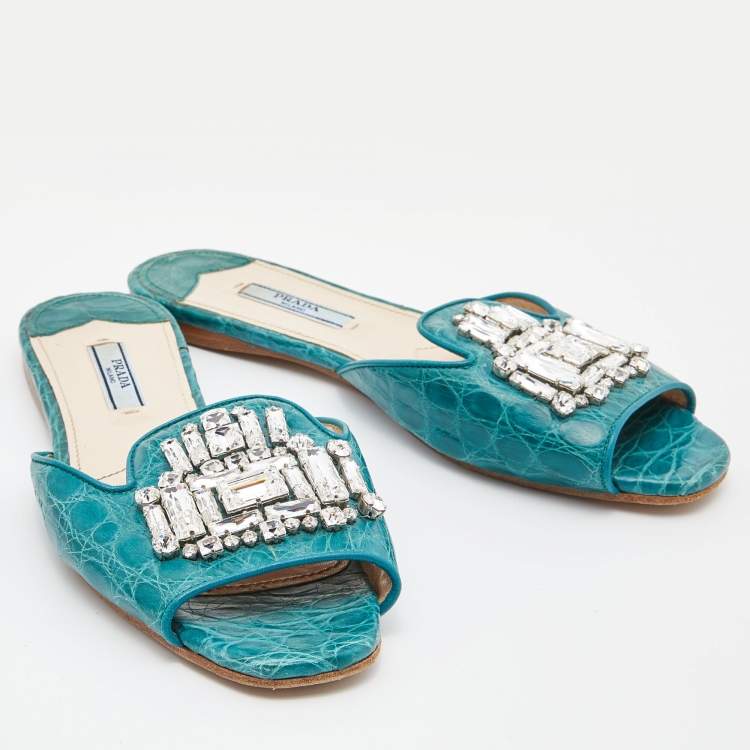 Pre Owned Prada Teal Crocodile Crystal Embellished Flat Slides Size 37 