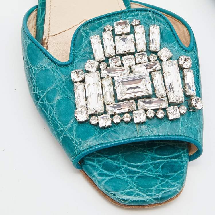 Pre Owned Prada Teal Crocodile Crystal Embellished Flat Slides Size 37 