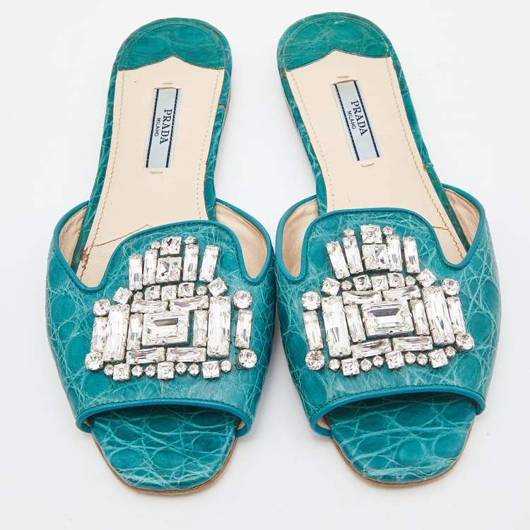 Pre Owned Prada Teal Crocodile Crystal Embellished Flat Slides Size 37 