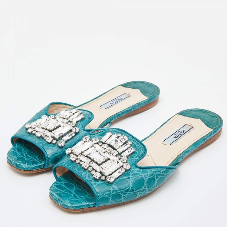 Pre Owned Prada Teal Crocodile Crystal Embellished Flat Slides Size 37 