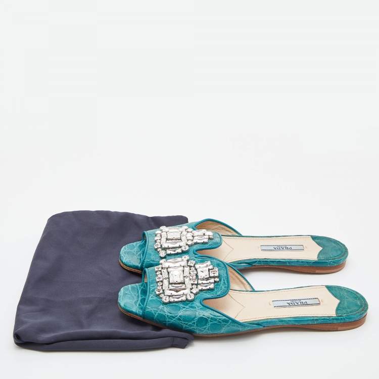 Pre Owned Prada Teal Crocodile Crystal Embellished Flat Slides Size 37 