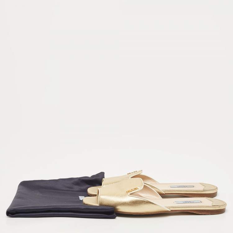 Pre Owned Prada Gold Saffiano Leather Flat Slide Size 38