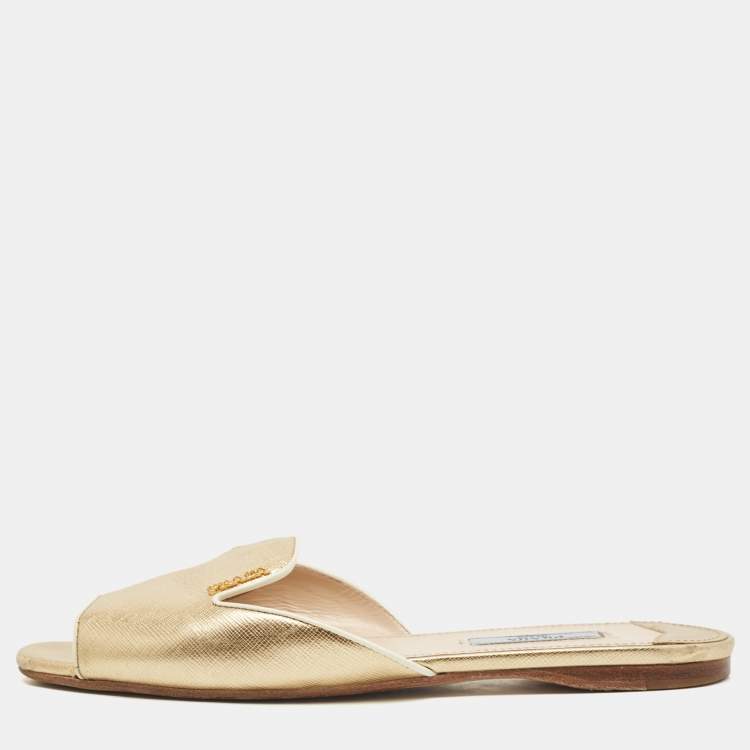 Pre Owned Prada Gold Saffiano Leather Flat Slide Size 38
