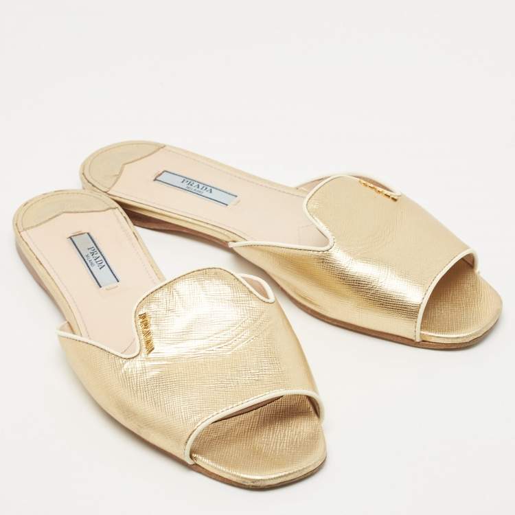 Pre Owned Prada Gold Saffiano Leather Flat Slide Size 38
