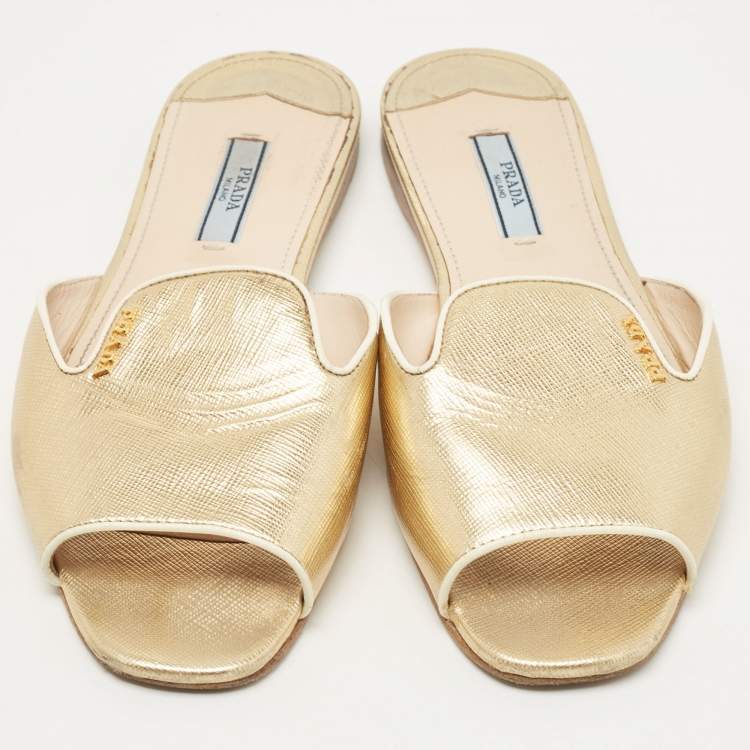 Pre Owned Prada Gold Saffiano Leather Flat Slide Size 38