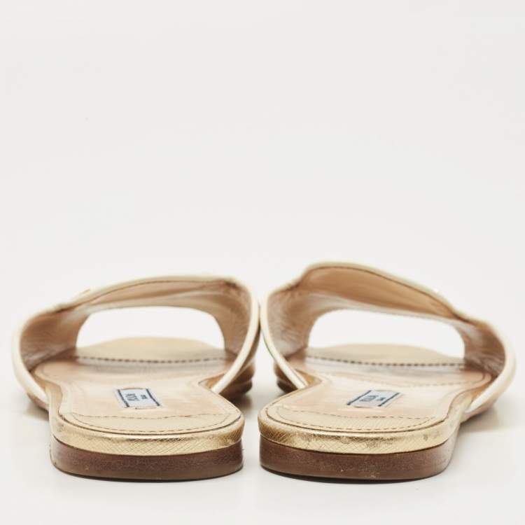Pre Owned Prada Gold Saffiano Leather Flat Slide Size 38