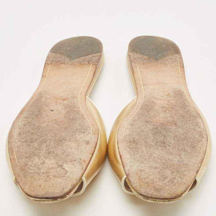 Pre Owned Prada Gold Saffiano Leather Flat Slide Size 38