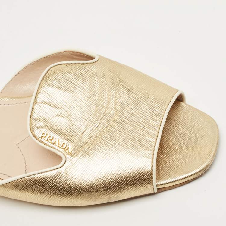 Pre Owned Prada Gold Saffiano Leather Flat Slide Size 38