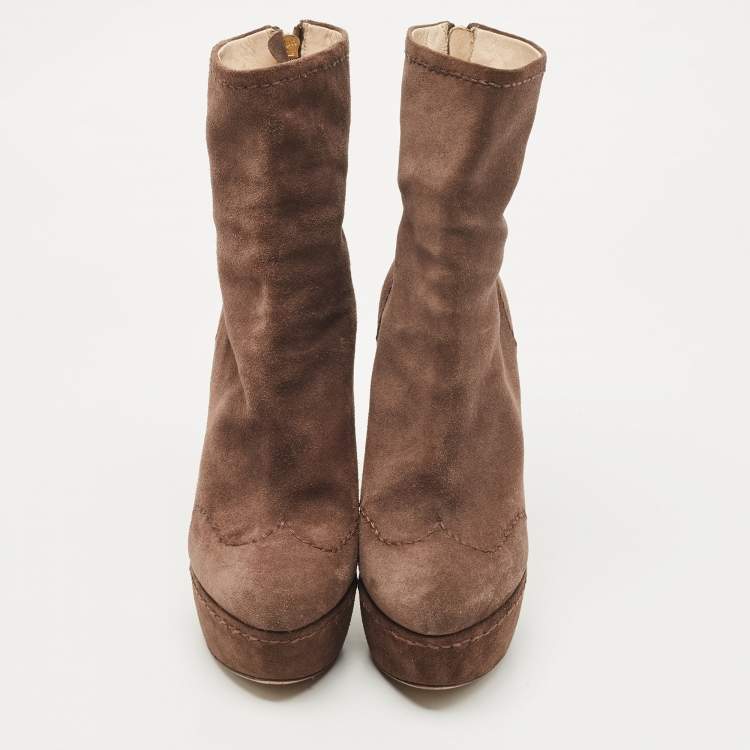 Pre Owned Prada Brown Suede Platform Ankle Boots Size 39