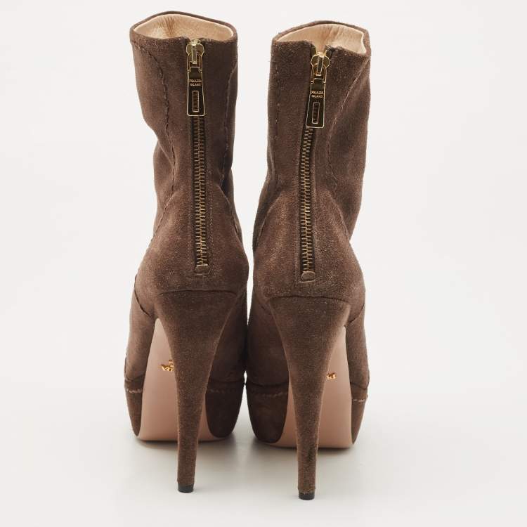 Pre Owned Prada Brown Suede Platform Ankle Boots Size 39