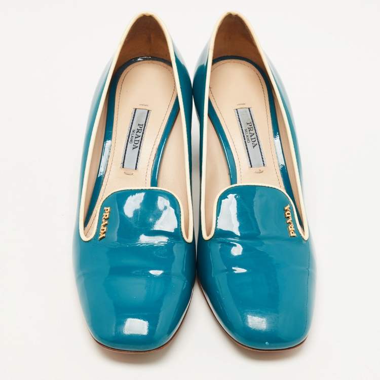 Pre Owned Prada Teal Patent Leather Loafer Pumps Size 35.5