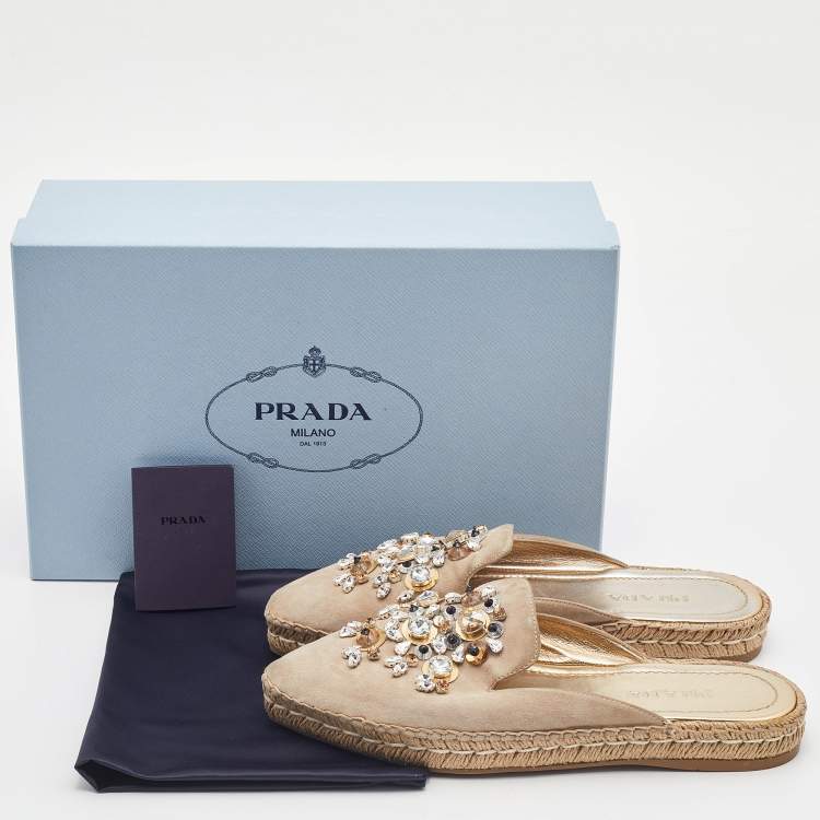 Pre Owned Prada Beige Suede Crystal Embellished Pointed Toe Espadrille Mules Size 38