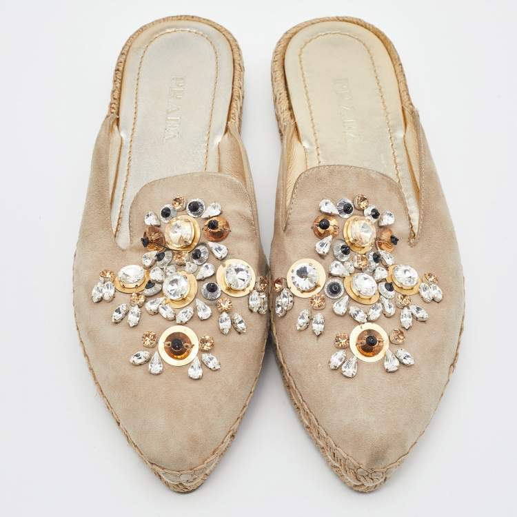 Pre Owned Prada Beige Suede Crystal Embellished Pointed Toe Espadrille Mules Size 38