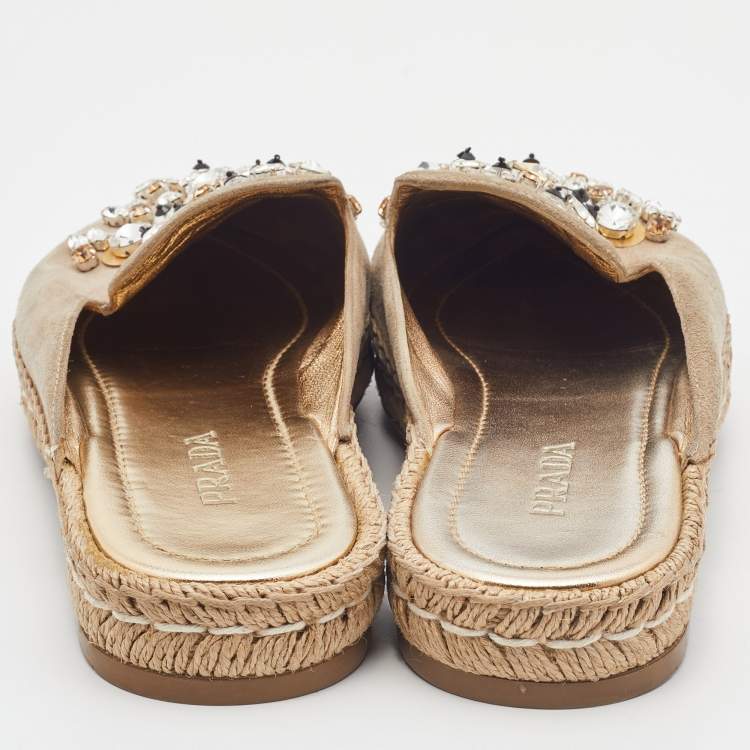 Pre Owned Prada Beige Suede Crystal Embellished Pointed Toe Espadrille Mules Size 38