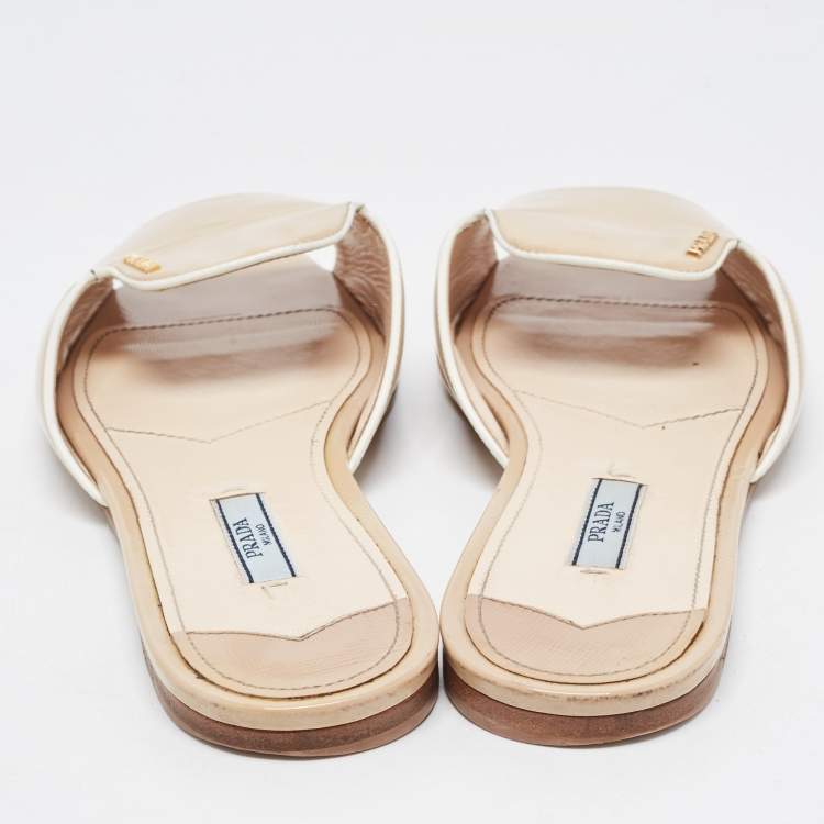 Pre Owned Prada Beige Saffiano Patent Leather Flat Slides Size 39