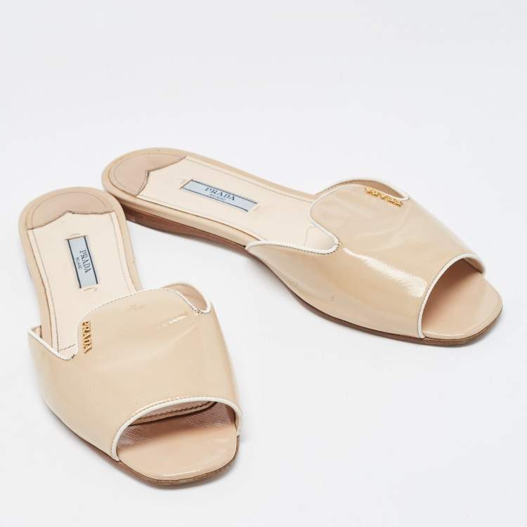 Pre Owned Prada Beige Saffiano Patent Leather Flat Slides Size 39
